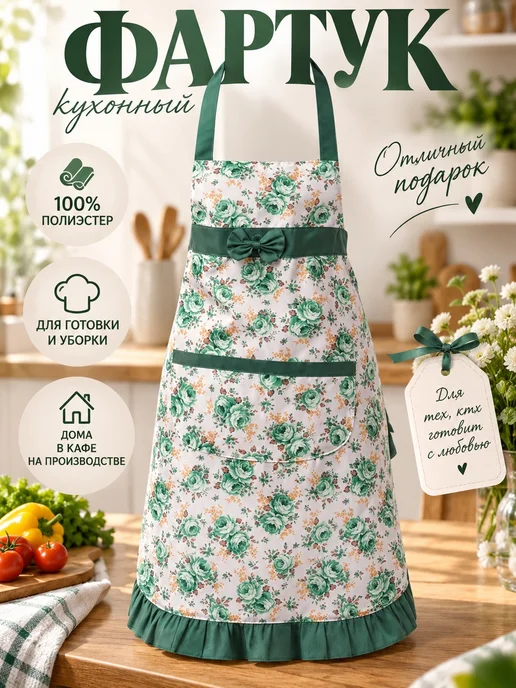 Pastel_lux Фартук полиэстер для готовки для повара в подарок кухонный, зеленый