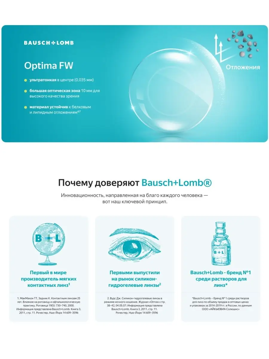 Контактные линзы Bausch Lomb Optima FW / 4 шт / 8.7 / -6.50 Bausch & Lomb  43945550 купить в интернет-магазине Wildberries