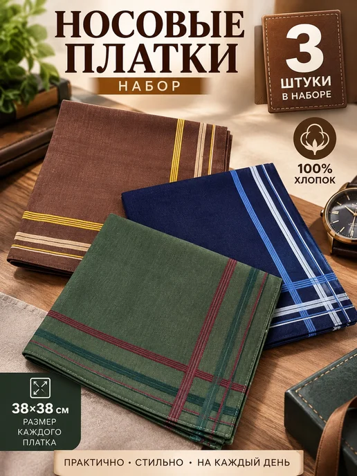 Lapastel Набор носовых платков 3 шт 38х38 см хлопок поло подарочные, 38x38 см, 3 шт