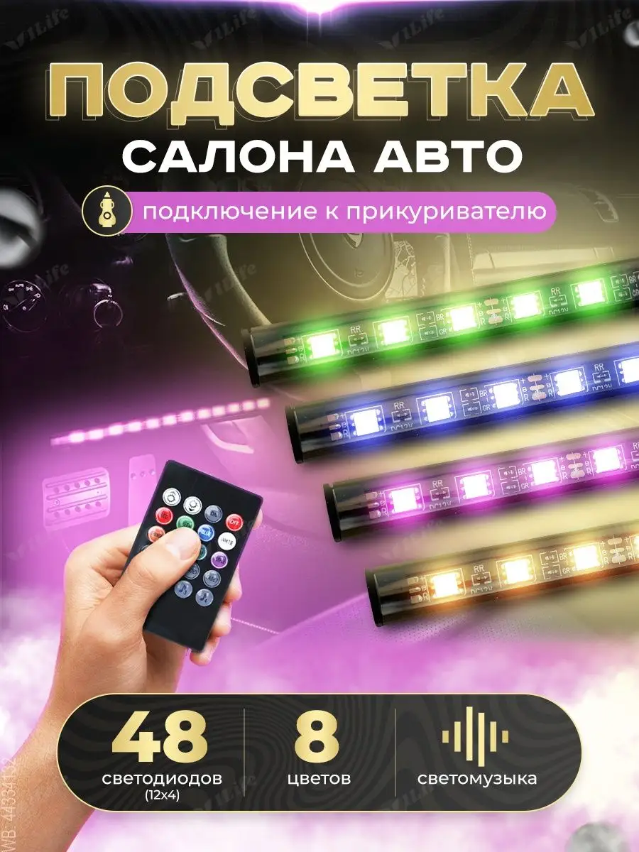 Подсветка в машину светодиодная rgb лента с пультом RUTUNER 44334132 купить  в интернет-магазине Wildberries