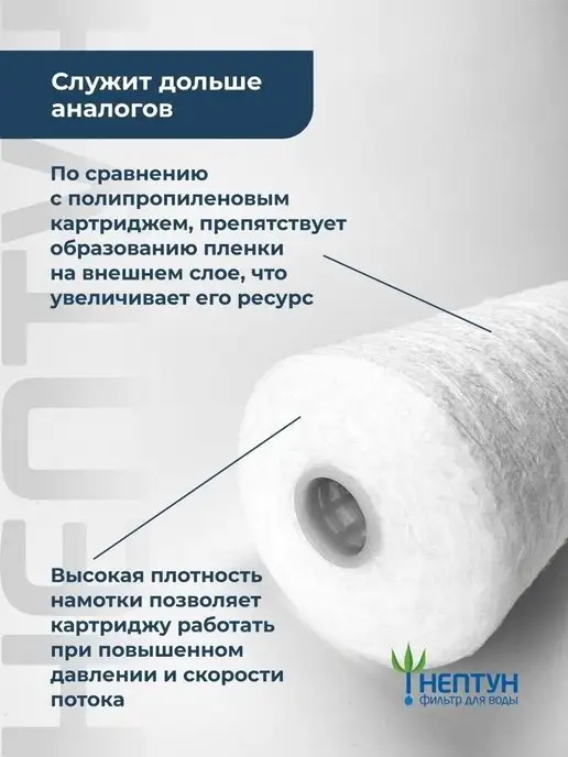 Аквадело Картридж для фильтра воды нитяной Нептун PS-10BB 5 мкм, белый, фото 7