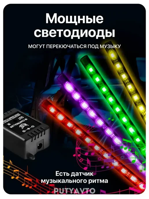 PutyAvto Подсветка в машину под ноги светодиодная салона RGB, вариант, фото 6