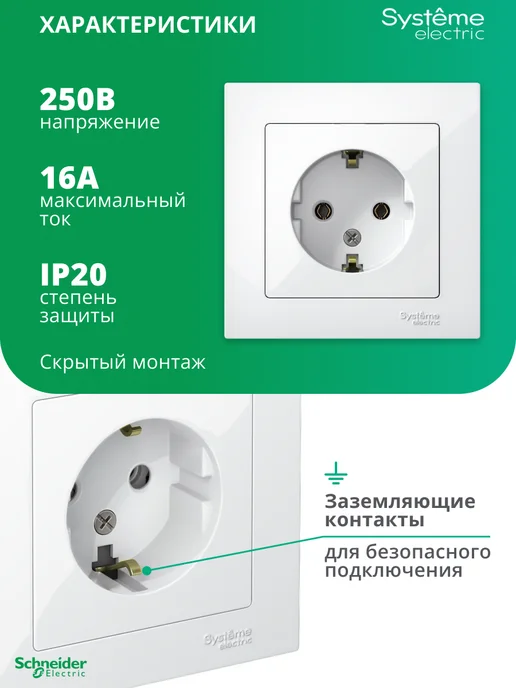 Systeme Electric Внутренняя розетка с заземлением и рамкой Шнайдер, белый, фото 3