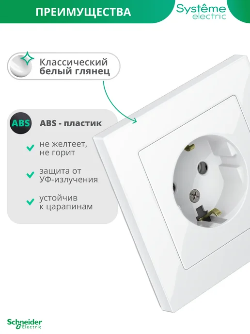 Systeme Electric Внутренняя розетка с заземлением и рамкой Шнайдер, белый, фото 5