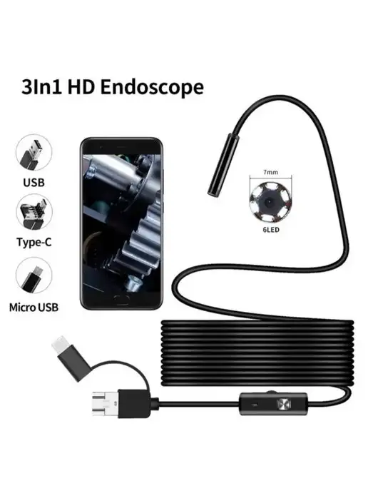 Endoscope Видеоэндоскоп 3 в 1 Micro-Usb, Type-C, USB Жесткий кабель, черный, фото 6