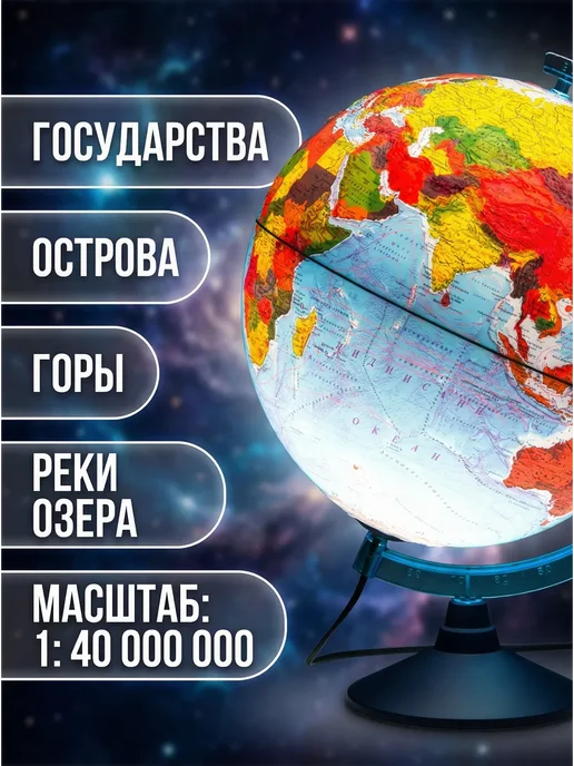 Globen Глобус физико-политический рельефный, 32см, с подсветкой, вариант, фото 2