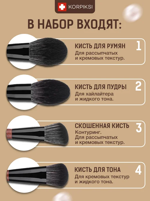 Korpiksi Кисти для макияжа косметические набор для тона пудры и румян, черный, фото 4