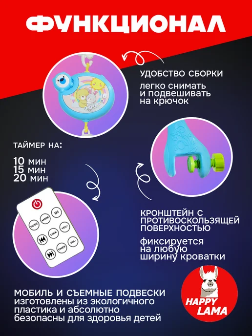 HAPPY LAMA Мобиль в кроватку для новорожденных, голубой, фото 2