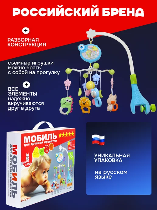HAPPY LAMA Мобиль в кроватку для новорожденных, голубой, фото 3