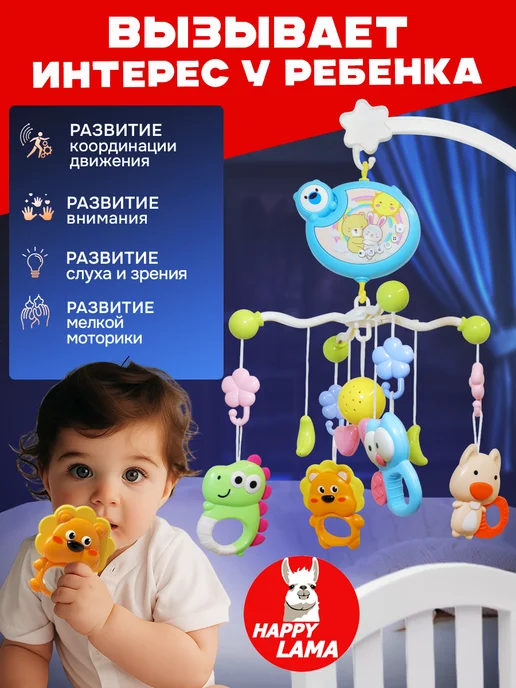 HAPPY LAMA Мобиль в кроватку для новорожденных, голубой, фото 6