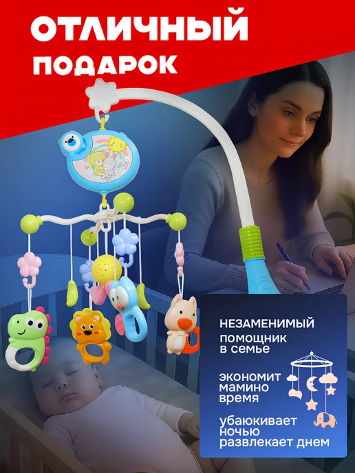 HAPPY LAMA Мобиль в кроватку для новорожденных, голубой, фото 7