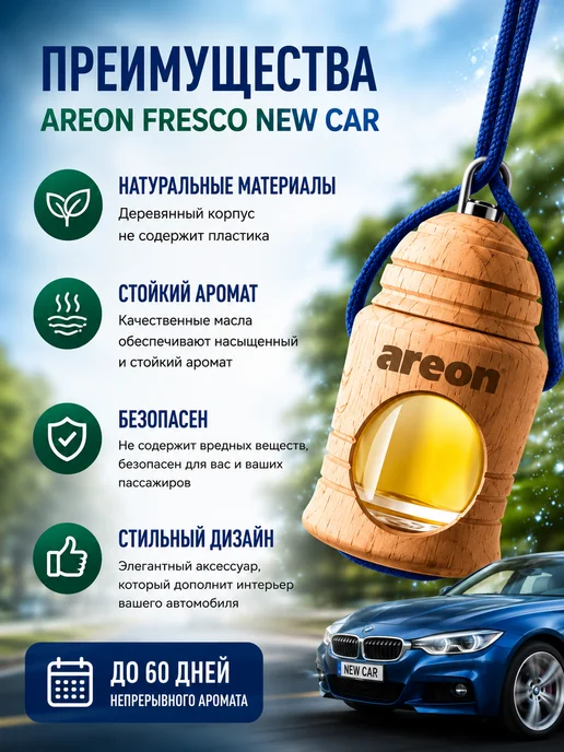 areon Ароматизатор в автомобиль NEW CAR Новый автомобиль 3шт, синий, фото 2