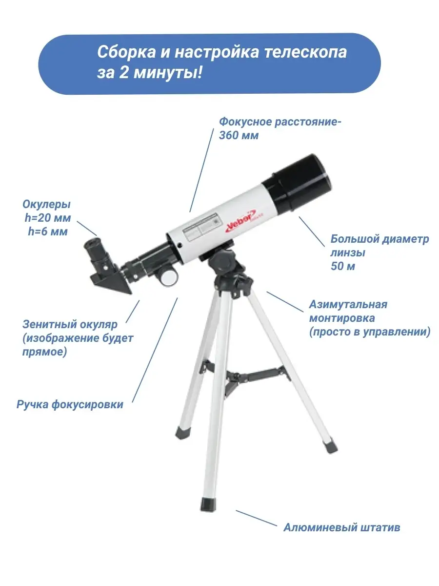 Астрономический детский телескоп-рефрактор в кейсе Veber с увеличением 90  крат Veber 45254085 купить в интернет-магазине Wildberries