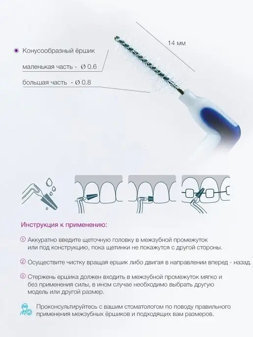 Pesitro Межзубные ершики для зубов и брекетов 6 шт многоразовые, 6 шт, фото 5