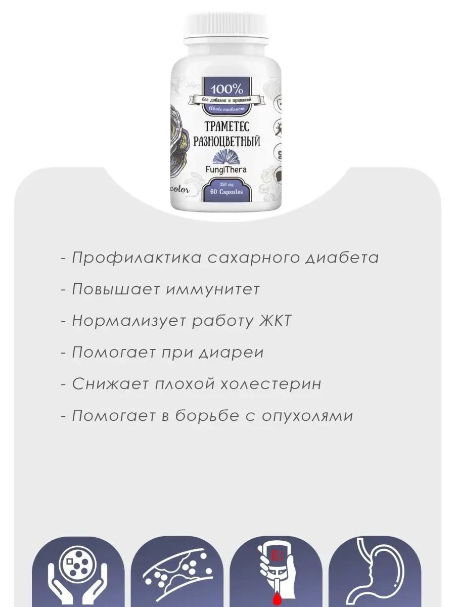 Гриб Траметес разноцветный в капсулах 60 шт. по 350 мг. FungiThera 45826550  купить в интернет-магазине Wildberries