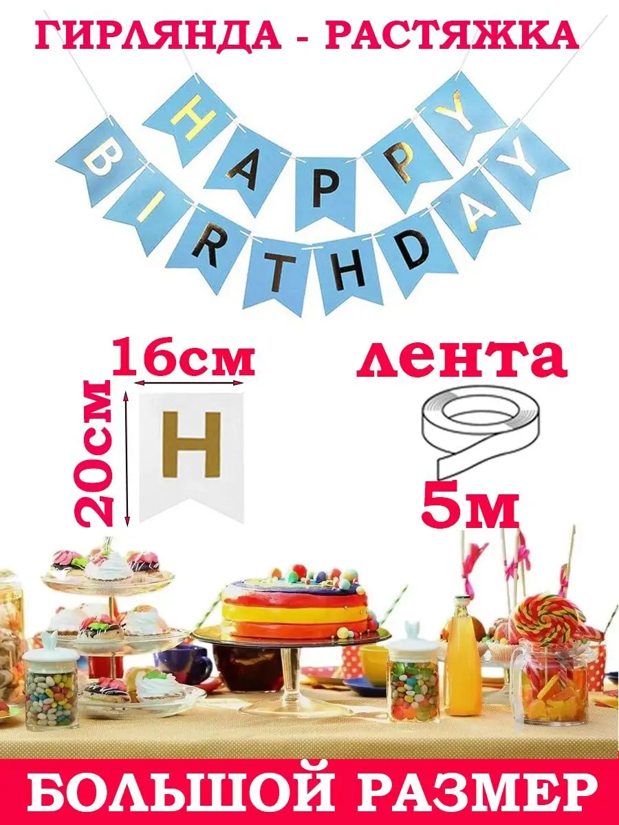 Гирлянда Happy Birthday, голубой Happy poms 45867808 купить за 180 ₽ в  интернет-магазине Wildberries