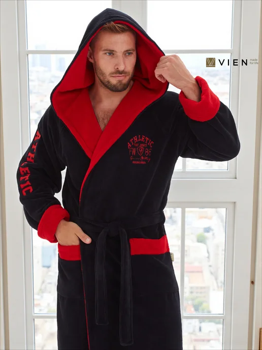VIEN Халат мужской махровый с капюшоном длинный теплый ATHLETIC, вариант