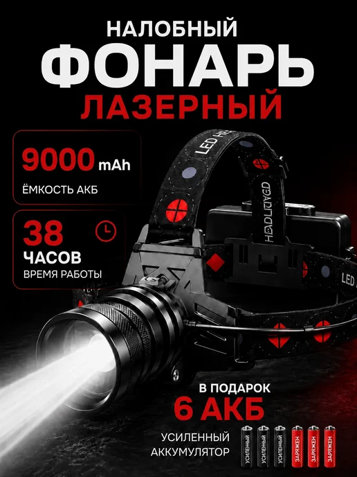 Фонарик налобный аккумуляторный с зарядкой мощный, черный