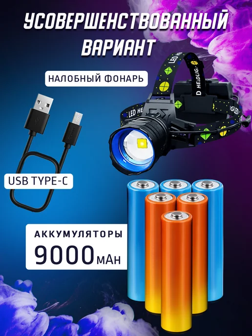 Фонарик налобный аккумуляторный с зарядкой мощный, черный, фото 6