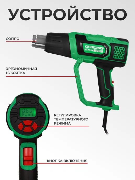 ELECTROLITE Фен строительный технический с насадками Ф2400Е, вариант, фото 8