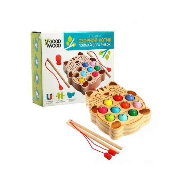 Магнитная рыбалка/Детский развивающий набор"Рыбалка Котик"/Развивающая деревянная игрушка
