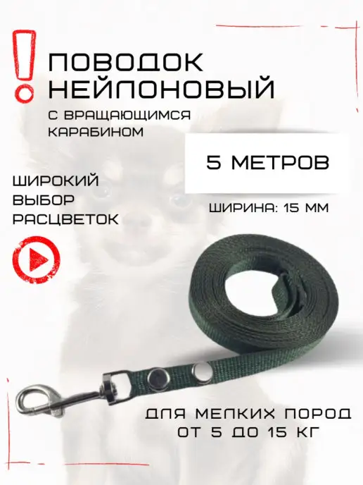 Хвостатыч Поводок для собак нейлон 3 м х 15 мм (изумрудный), 5 м