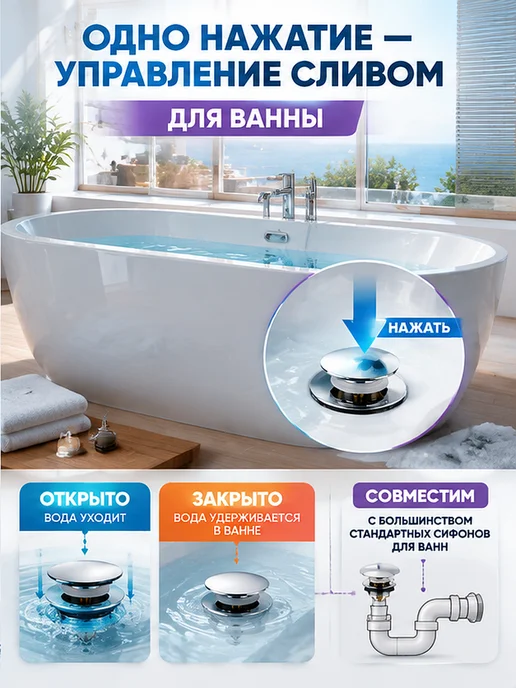 TIM Донный клапан для ванны автоматический 1 1 2" хромированный, вариант, фото 3