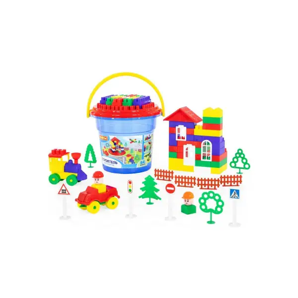 Конструктор детский/Развивающий конструктор"Строитель"в ведре с крышкой/84 деталей