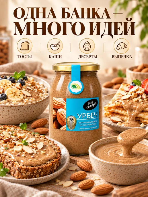 Биопродукты Урбеч миндальный без сахара 900г, ореховая паста, 900 г, фото 6
