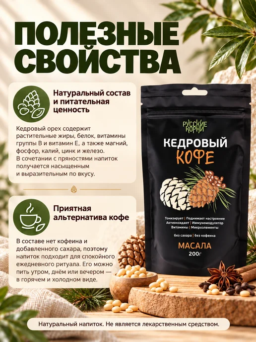 Русские корни Кедровый кофе без кофеина, растворимый, со специями, масала, со специями, фото 4