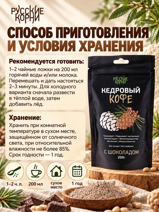Русские корни Растворимый кофе Кедровый без кофеина с шоколадом 3 шт, 200 г, фото 5
