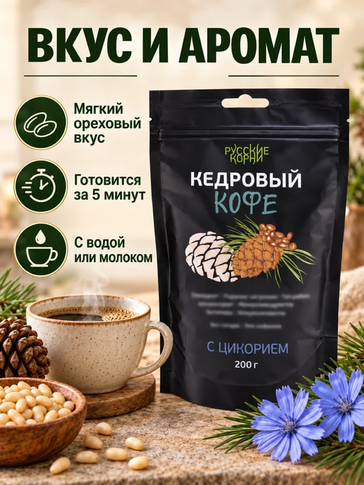 Русские корни Растворимый кофе кедровый с цикорием, без кофеина и сахара, и сахара, фото 2