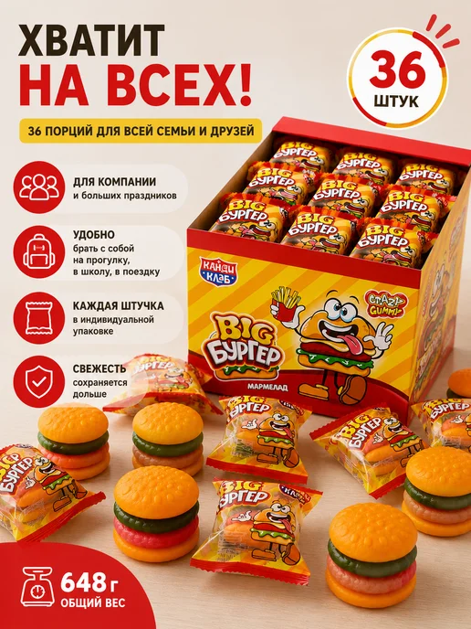 Канди клаб Мармелад жевательный Мармеладный бургер 18г 36штук, 18 г, фото 2