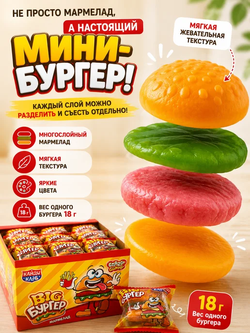 Канди клаб Мармелад жевательный Мармеладный бургер 18г 36штук, 18 г, фото 7
