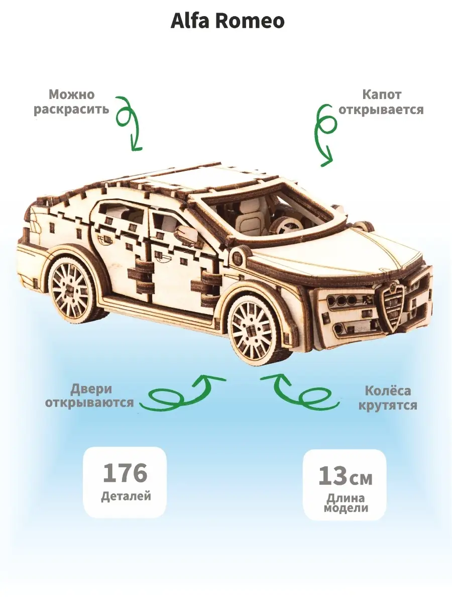 Деревянный конструктор машина Alfa Romeo подарок Lion Woods 48113200 купить  за 493 ₽ в интернет-магазине Wildberries