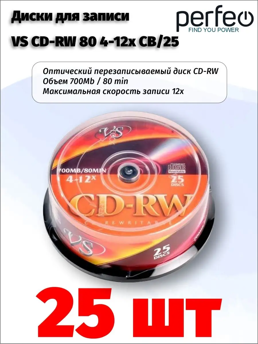 Диски для записи CD-RW 80 4-12x VS 48423500 купить в интернет-магазине  Wildberries