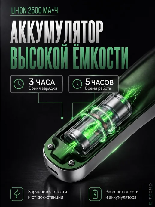 E-Trend BARBER Машинка для стрижки волос профессиональная, зеленый, фото 5