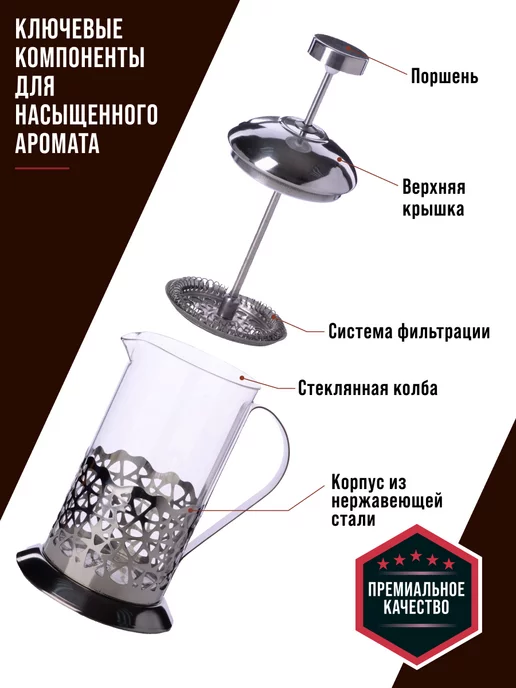 Френч пресс заварочный стеклянный 1л - фото 6