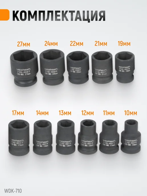 WIEDERKRAFT Набор головок ударных 1 2" 10-27 мм, 11 шт, 11 шт, фото 4