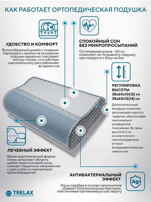 TRELAX Подушка ортопедическая с эффектом памяти для мужчин Респекта, серый, фото 3