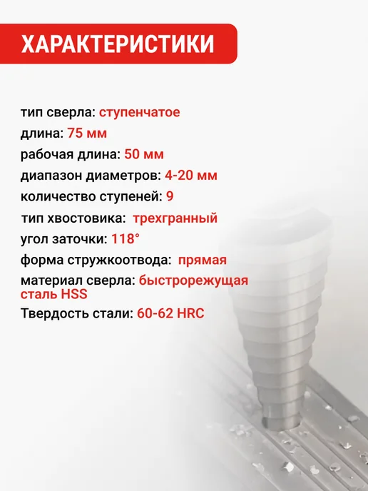 VIRA Сверло ступенчатое с трехгранным хвостовиком 4-20 мм, вариант, фото 2