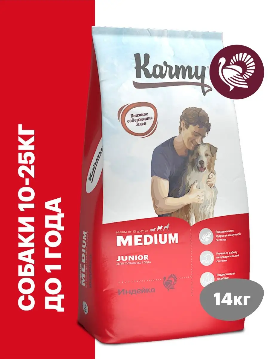 Корм для собак сухой Medium Junior Индейка 14 кг KARMY 48977463 купить за 5  453 ₽ в интернет-магазине Wildberries