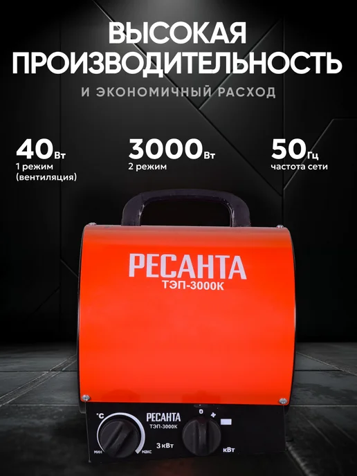 РЕСАНТА Пушка тепловая электрическая для дома ТЭП-3000К, вариант, фото 3