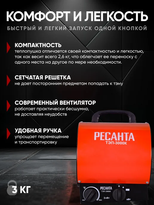 РЕСАНТА Пушка тепловая электрическая для дома ТЭП-3000К, вариант, фото 4