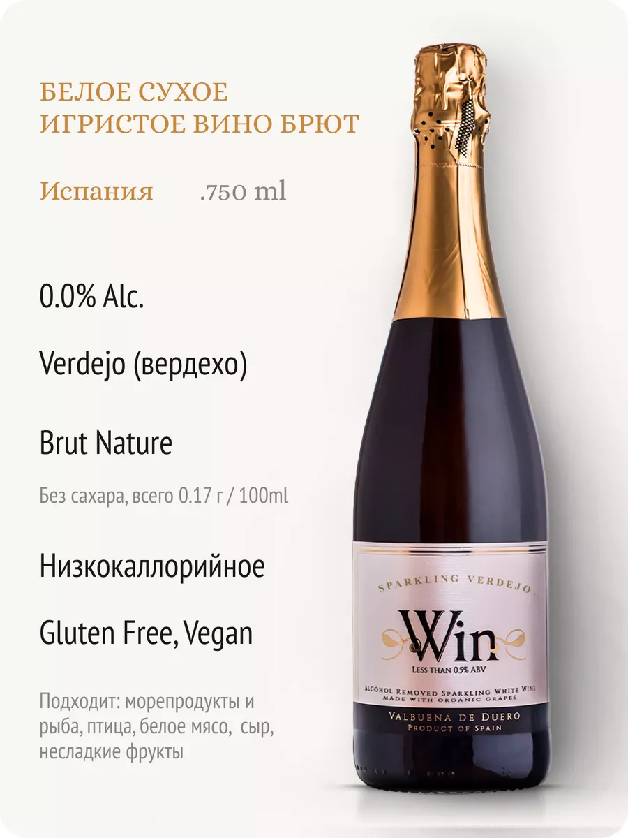 Безалкогольное шампанское сухое Verdejo Испания 0,0% Win Wine 49593854  купить за 2 587 ₽ в интернет-магазине Wildberries