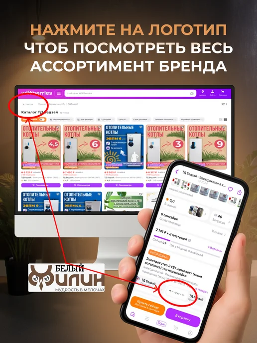 Белый Филин Электрокотел 4,5кВт 220в отопления ЭВПМ напольный, настенный, белый, фото 7