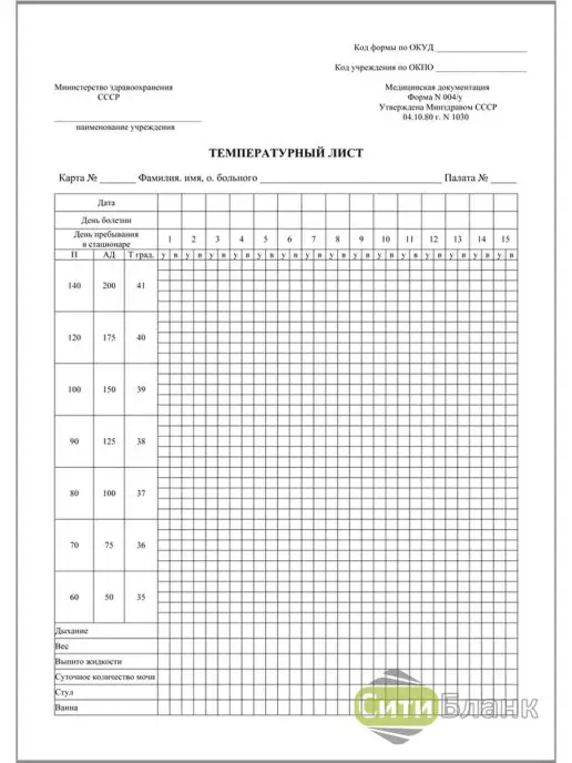 Сити Бланк Температурный лист ( форма 004 у ) 100 шт, 100 шт
