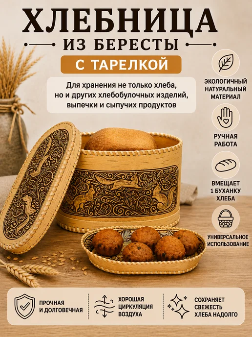 ХВОЁЖНЫЙ Хлебница из бересты с тарелкой, коричневый