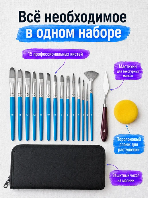 ArtQ Для школы набор кистей для рисования 15 шт с пеналом, 15 шт, фото 2