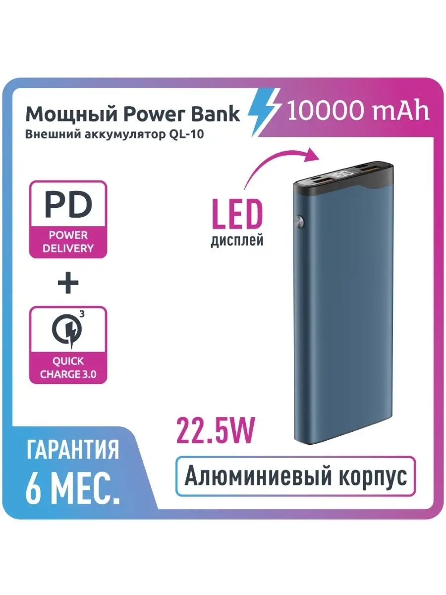 Внешний аккумулятор, QL-10, 10000mAh, 22.5W, QuickCharge3.0/PowerDelivery,  LCD, power bank OLMIO 50380244 купить в интернет-магазине Wildberries